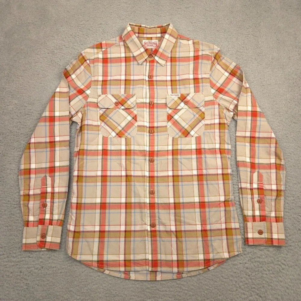 True Religion Button Down Shirt Mens S Beige Red Plaid Western Long Sleeve